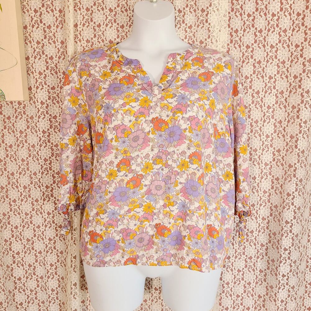 jones and co multicolor floral print tie sleeve blouse size 2x